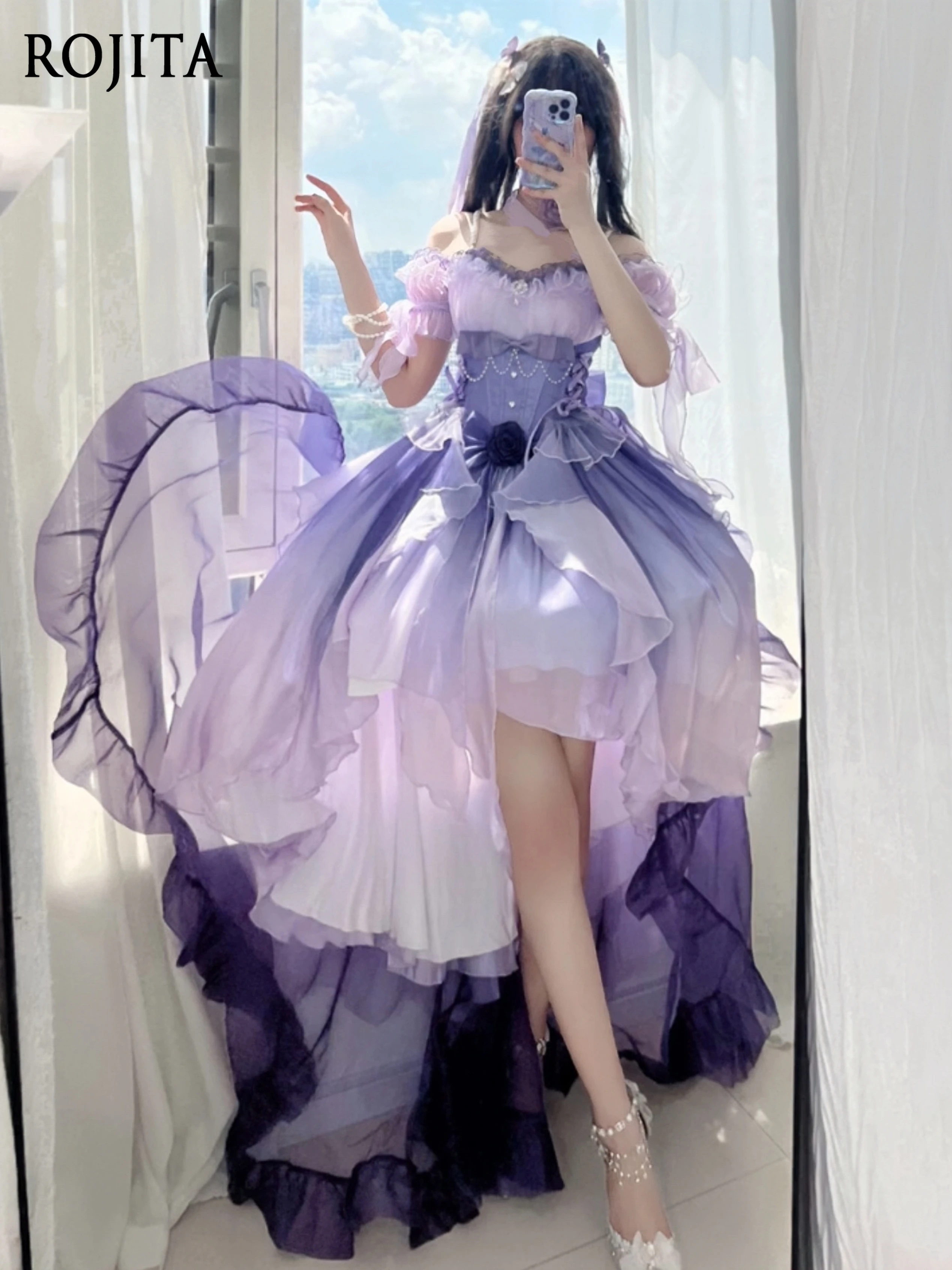 

Purple Lolita Wedding Dress with Puff Short Sleeves Fashion Irregular Heavy Craft Tailored Puffy Princess Dress with Crinoline
