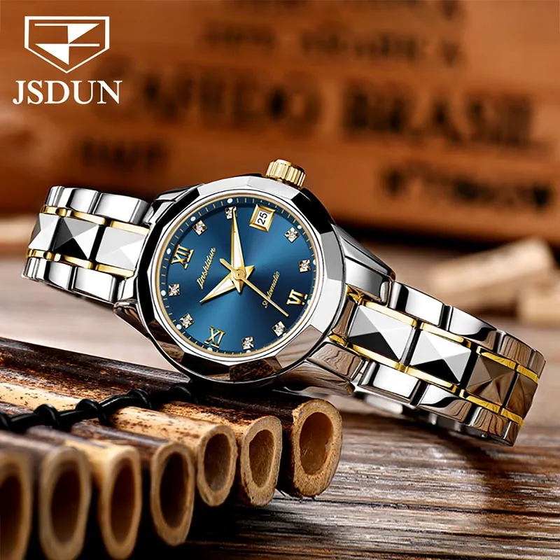 JSDUN Fashion Simple Women Mechanical Watch Fashion All Steel Luminous 30M Waterproof Automatic WristWatches Watch For Women