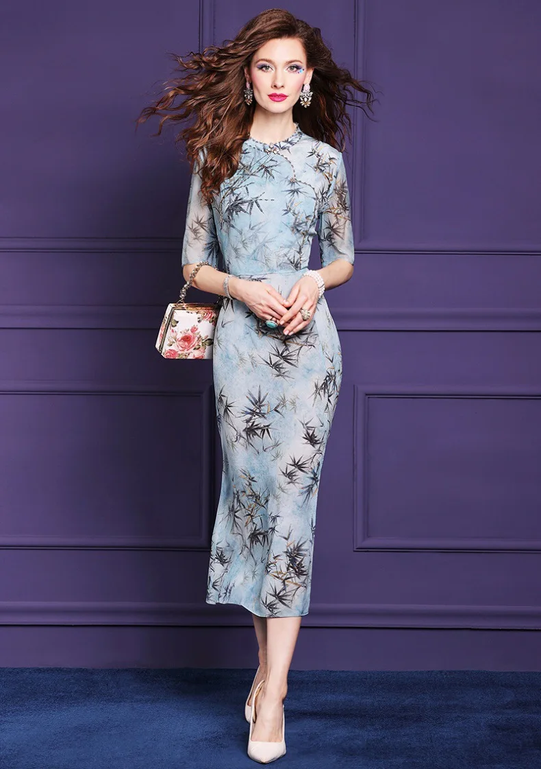 BirdTree, 100%Real Silk Elegant Dresses, Women Half Sleeve Stand Ink Painting, Retro Temperament Dress, 2024 Summer New D45898QC