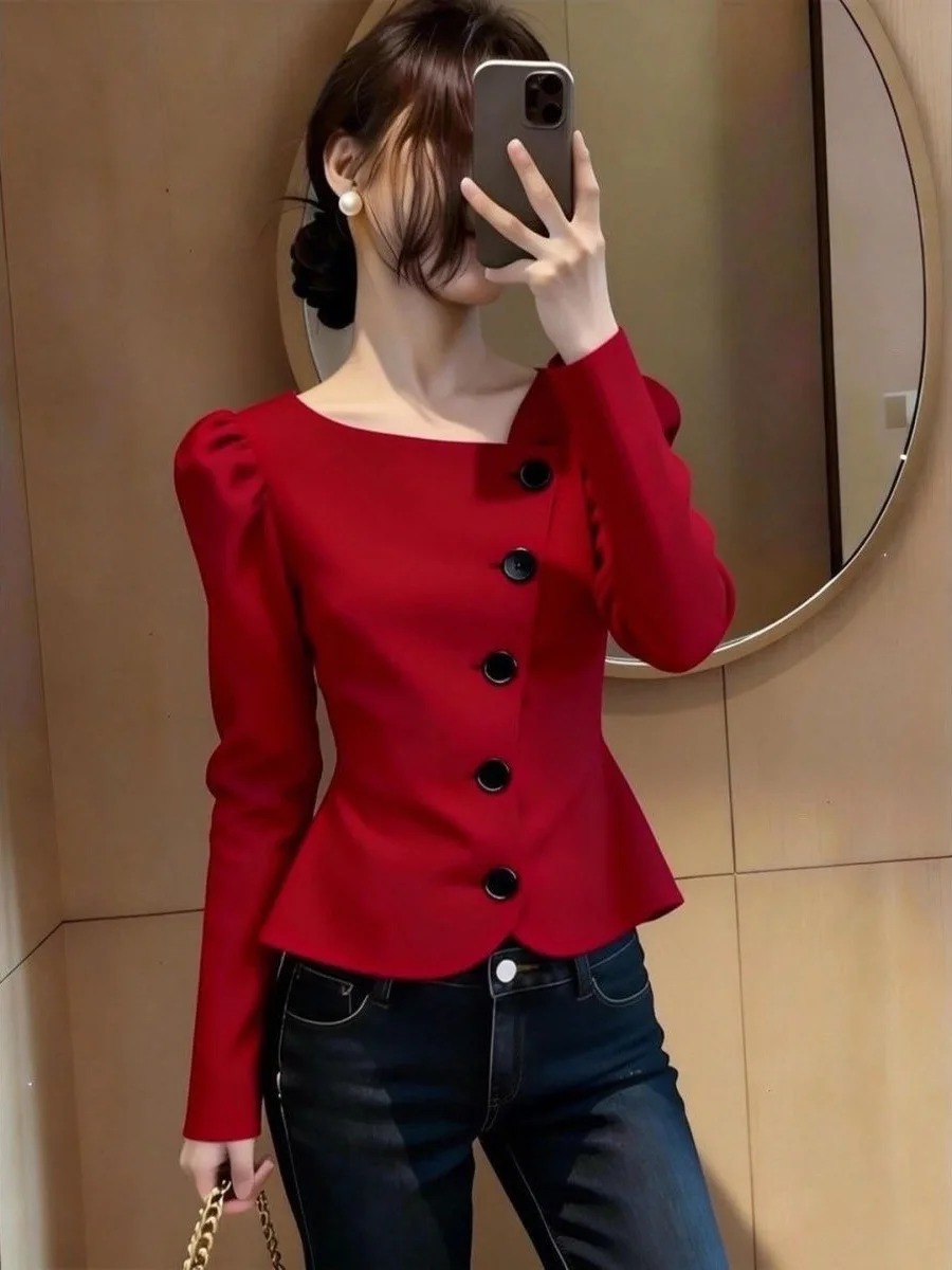 Elegant Red Bubble Sleeve Button up Top for Women Commute Style Multi-Button Design Long Sleeve Square Collar White Enhancing