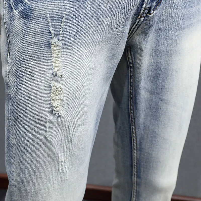 Italian Style Fashion Men Jeans Retro Light Blue Stretch Slim Fit Ripped Jeans Men Embroidery Designer Vintage Denim Pants