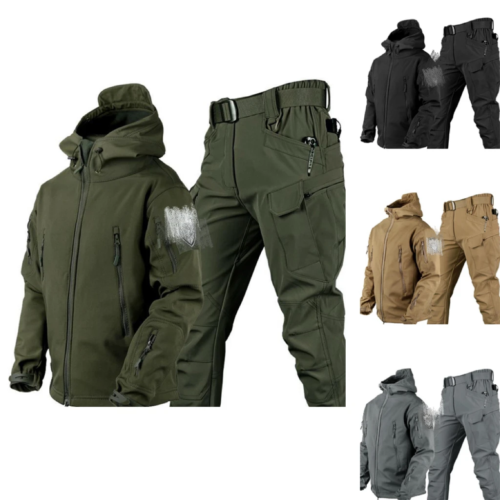 Tactical Jacket + Pants Set Men Outdoor Sport Windproof Waterproof Suit Soft Shell Sharkskin Hooded Jackets