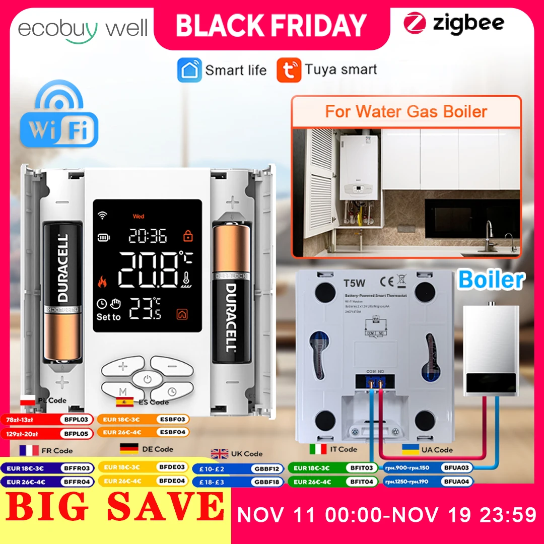 

Новинка 2025 года, Wi-Fi термостат Tuya для умного дома, низкая мощность, аккумулятор, водяной газовый котел, регулятор температуры для Alexa Google Home Alice