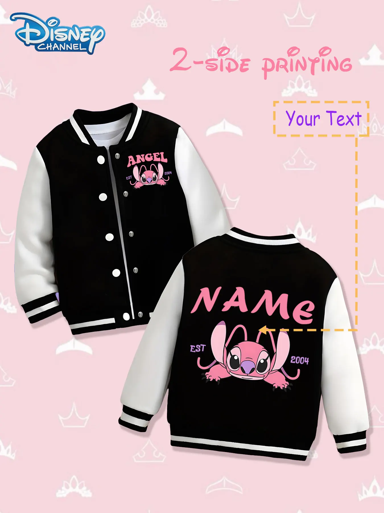 

MINISO Disney Angel Girls Baseball Jacket - Double-sided cute prints, warm and personalized for autumn and winter, suitable for