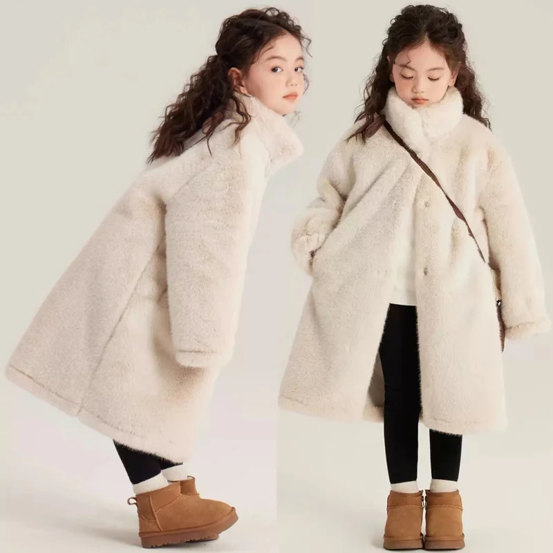 

-30℃ Faux Fur Girls Jacket Winter New Long Solid Color Thick Warm Berber Fleece Trench Coat For 5-12Y Kids Fashion Snowsuit