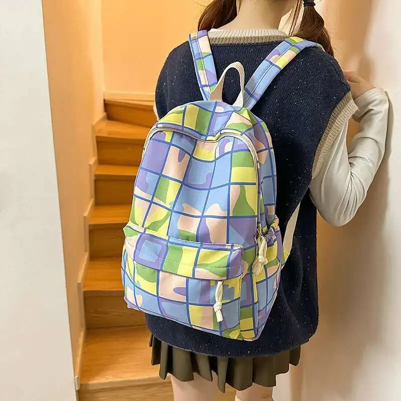 Versatile Lightweight Nylon Backpack For Students Travel Storage Bags For Women Korean Style Geometric Pattern Shoulder Bag