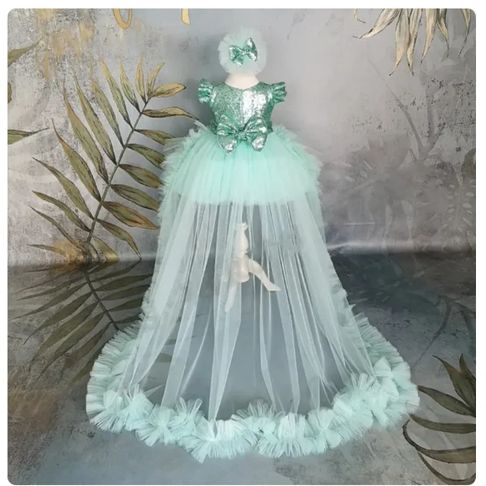 Flower Girl Dresses Glitter Sequin Bow Cap Sleeve Tulle Birthday Party Wedding Gowns Ruffles Performance Dress Detachable Train