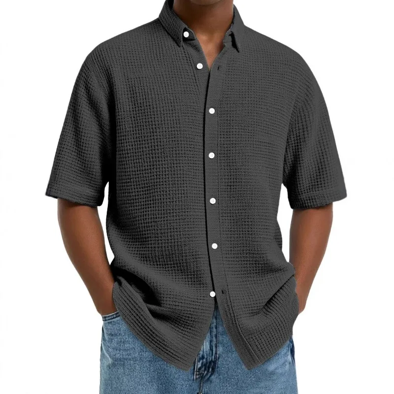 Men's Light Blue Wfle Knit Short-Sleeve Shirt Button-Down Oversized Casual Breathable Daily Top