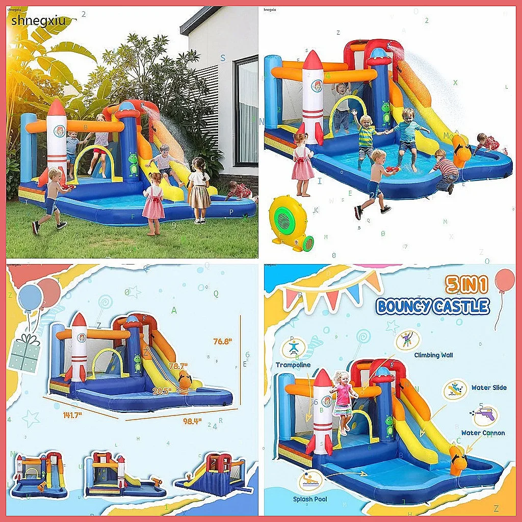 8 in 1 Inflatable Bounce House Water Slide with 550W Blower, Kids Outdoor Play Center