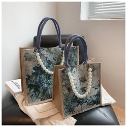 2024 New In Women Tote Bags Luxury Brand Handbags Large Linen Beach Bag With Pearl Chain Shopping Handbag сумка женская