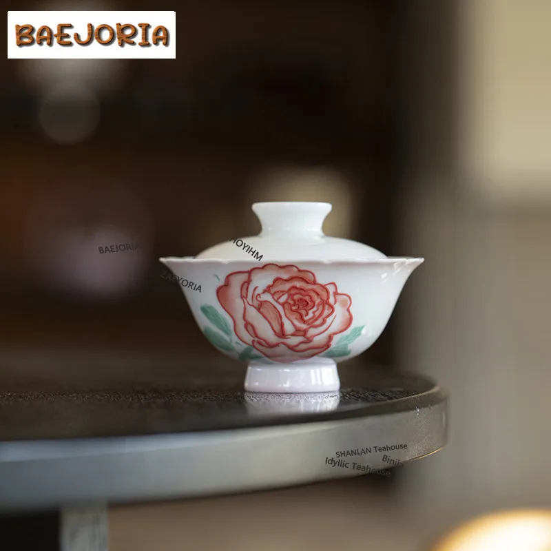 BAEJORIA 100ml Hand-painted Rose Jade Clay Flower Mouth Gaiwan Luxury Tea Tureen Tea Bowl With Lid Kit Tea Maker Cover Bowl Cha