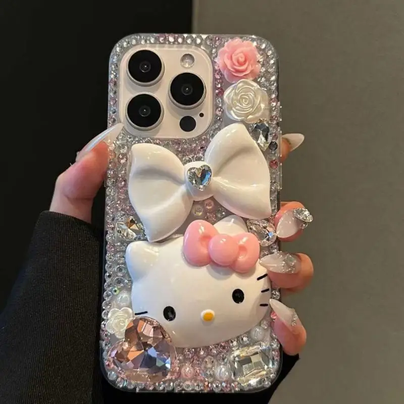 

Sanrios Hello Kittys Iphone 15 Phone Case Rhinestones Bow Tie 14 13Pro Anime Transparent Soft Shell Kawaii Cartoon All Inclusive