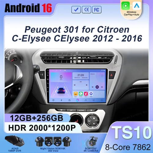 Reproductor Multimedia para Automóvil Android16 para Peugeot 301 y Citroen C-Elysee CElysee 2012-2016, Navegación GPS para Automóvil, Pantalla Táctil, Sin 2din