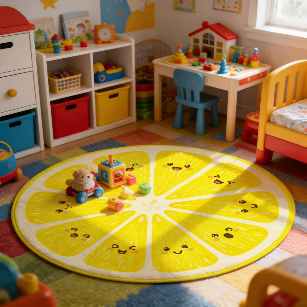 Cute Lemon Slice Cartoon Round Area Rug for Kitchen Bathroom Nursery Yellow Fruit Design Mat