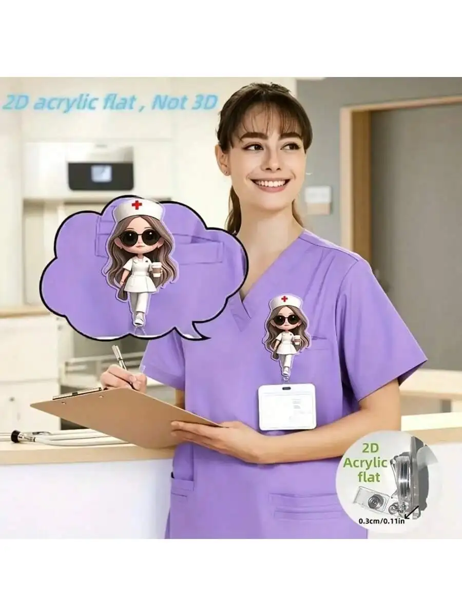 [مسطح [قطعة واحدة من حامل شارة قابل للسحب لطيف على شكل ممرضة مع مشبك لبطاقة الهوية - بكرة اسم الموظفين الطبيين من الأكريليك للأطباء، RN، LPN