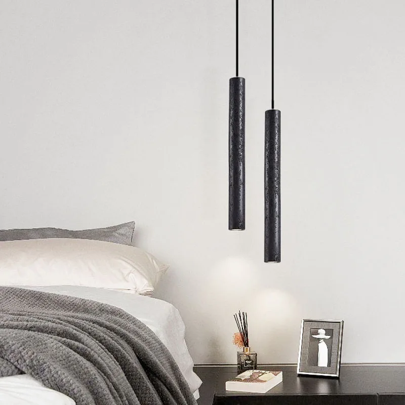 

Wabi Sabi Black tone Ultra Fine Modern Minimalist Living Room Ceiling Droplight Bedroom Straight Tube Small LED Pendant Lamps