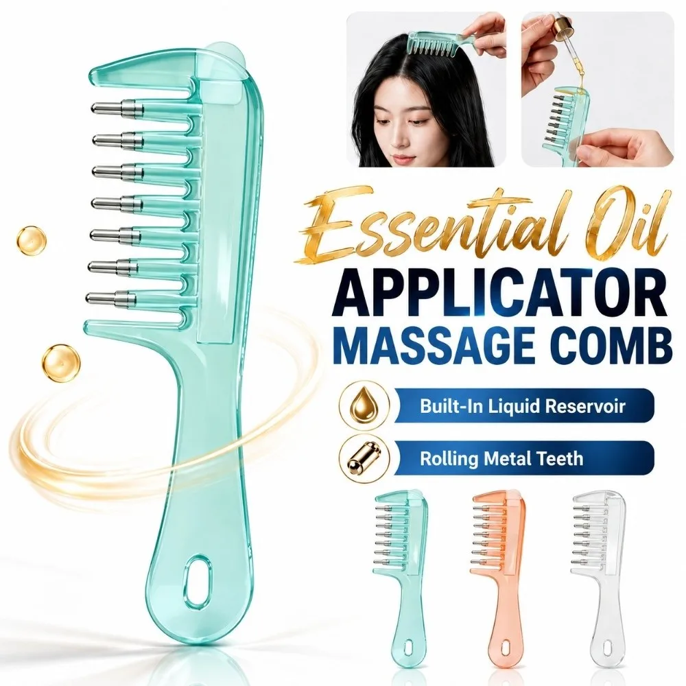 7-Tooth Essential Oil Applicator Massage Comb Rolling Metal Teeth Precise Scalp Liquid Applicator Comb Transparent
