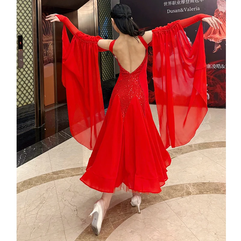 Red Ballroom Dance Competition Dress Luxury Rhinestone Long Dresses Prom Waltz Dance Performance Costume Stage Clothing BL19689