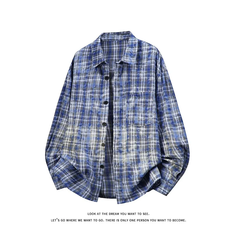 

Oversized Vintage Blue Plaid Shirt for Men and Women Casual Loose Fit Long Sleeve Button Down Shirt with Chest Pocket