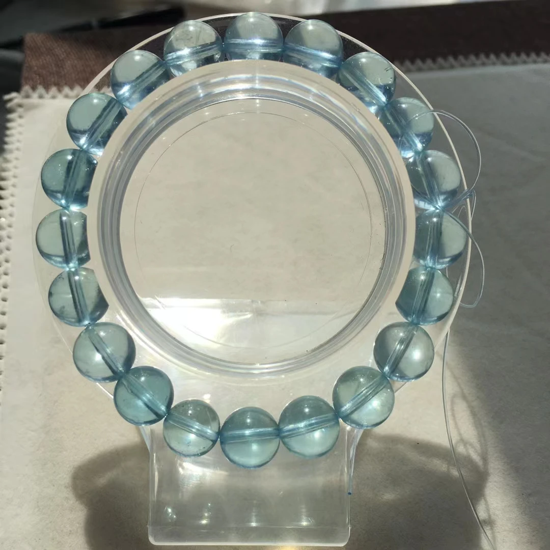 Natural Blue Aquamarine Clear Round Beads Bracelet 9.6mm Women Men Brazil Stretch Blue Aquamarine Jewelry AAAAA