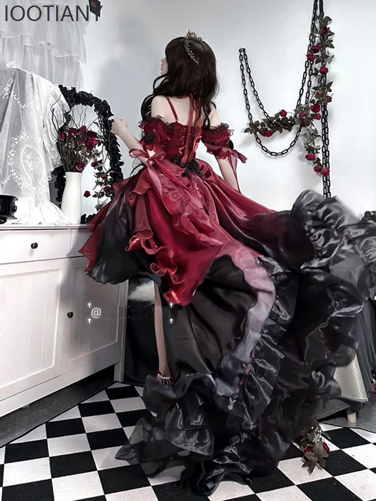 IOOTIANY Sposa Scuro Fiore Rosso Abito Da Sposa Cosplay Lolita Puff Principessa Victoria Irregolare Elegante Abito Retro Tea Party 2025