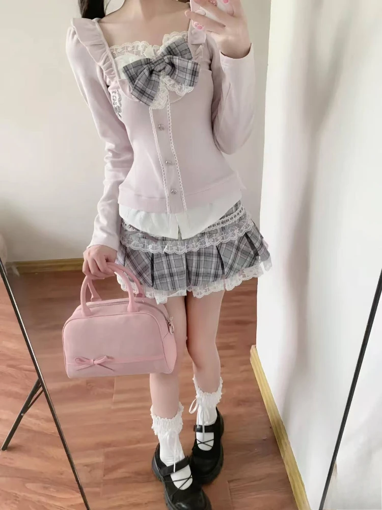 

Женские комплекты юбок в японском стиле Kawaii в консервативном стиле, милые кружевные лоскутные топы с бантом Y2k, клетчатые мини-юбки, женские элегантные наряды в стиле Лолиты