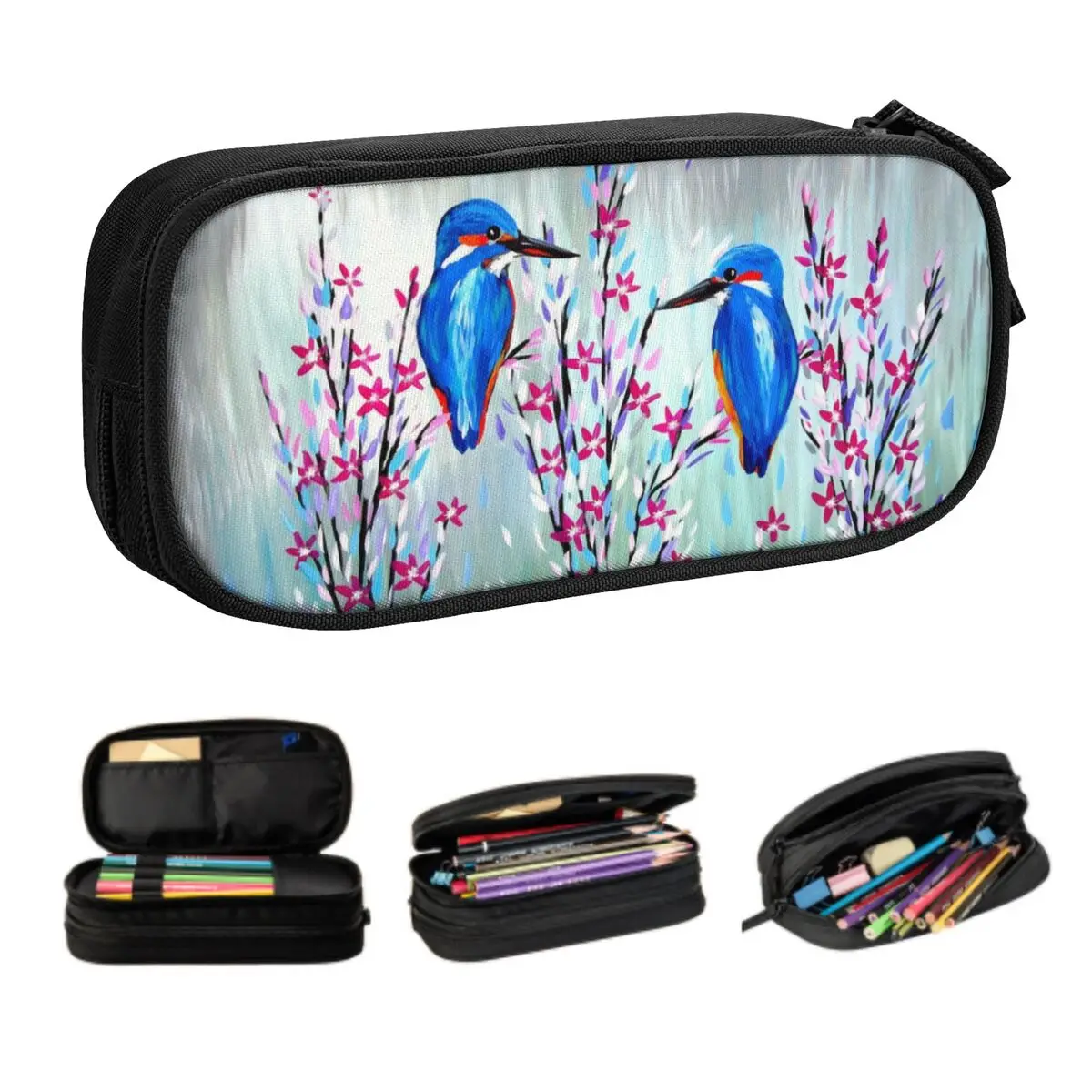 Custom Cute Cute Kingfisher Love Pencil Cases for Boy Girl Large Capacity Flower Cherry Blossom Bird Pencil Bag Stationery