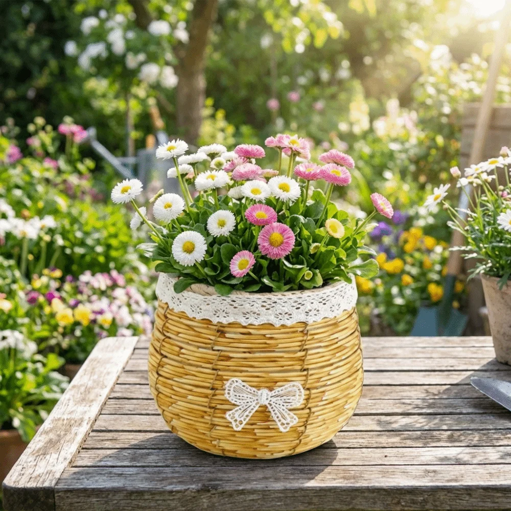 Plant Display Rustic Woven Flower Basket Plastic Simple Succulent Container Sturdy Flowerpot Indoor Plant Display