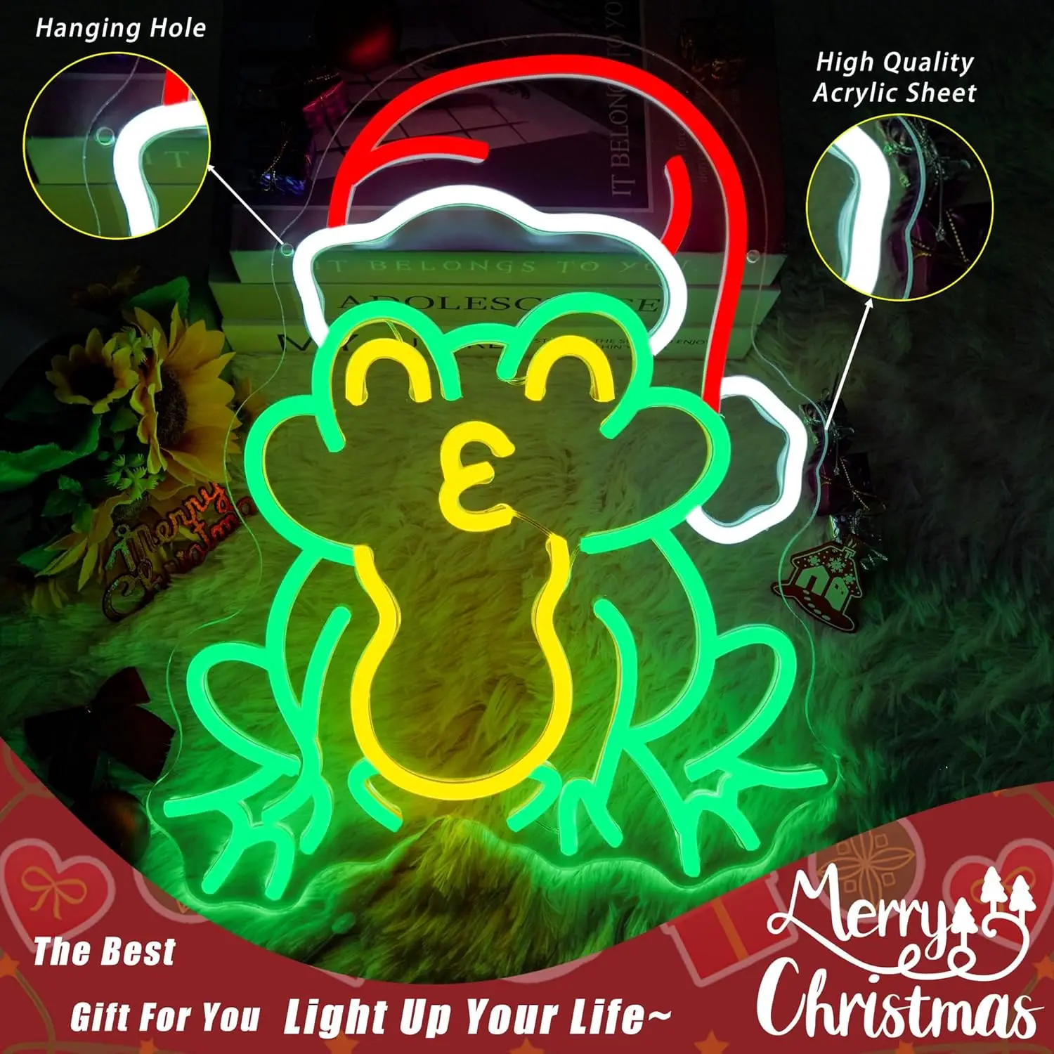 Рождественская лягушка Неоновая вывеска USB с регулируемой яркостью Светодиодный неоновый свет для вечеринки, бара, салона, клуба, новогодний домашний декор, Рождественская шляпа Санта-Клауса, свет, подарок