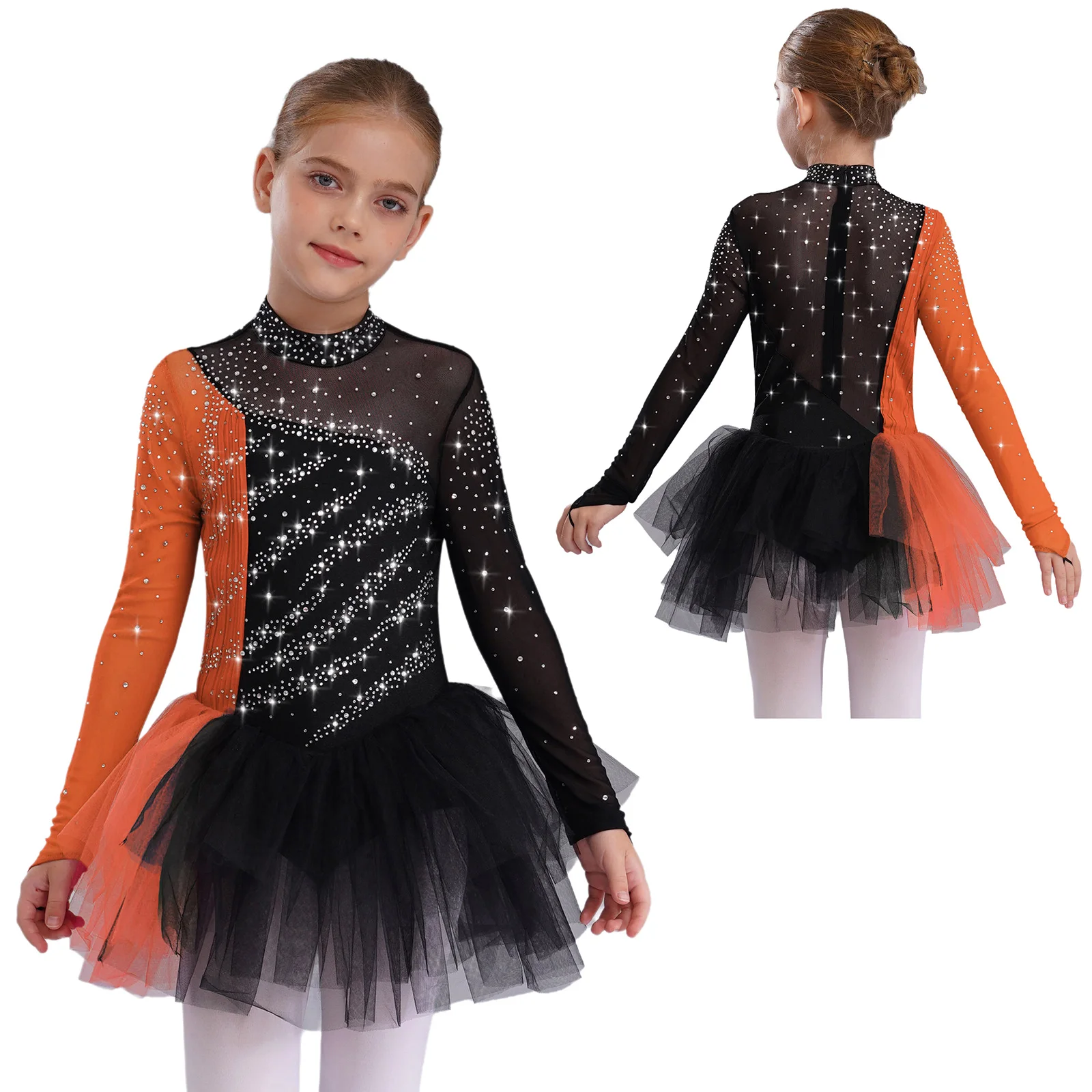 Girls Figure Skating Ballet Dance Gymnastics Acrobatics Tutu Long Sleeve Shiny Rhinestones Sheer Mesh Leotard Dress Dancewear
