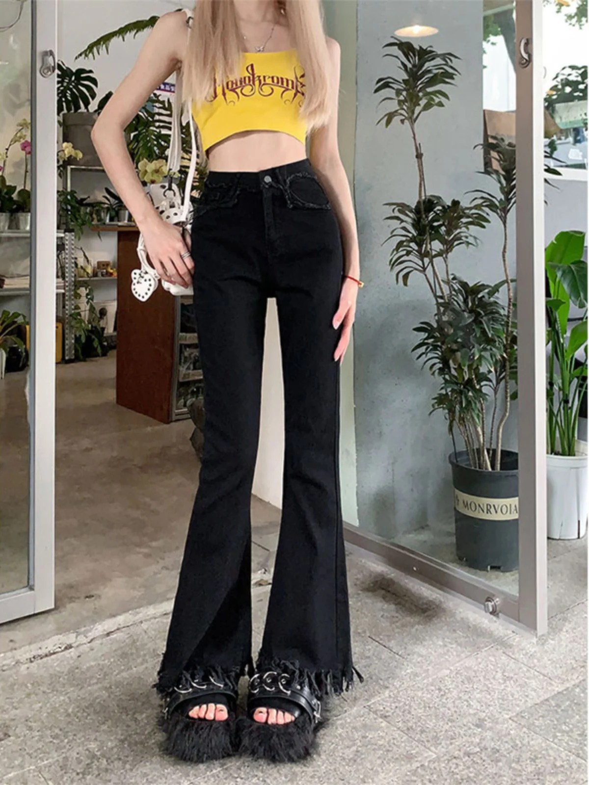 

High Waist Bell Bot Denim Jeans Women's Spring Summer Slimming Design Wide Leg Straight Cut Elastic Cotton Blend Jeans