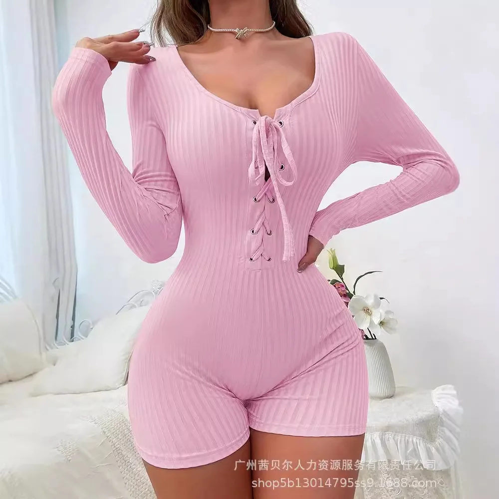 

Mandylandy Sexy Pajamas Playsuits Women Solid Color and V-neck Bandage Home Jumpsuit Long Sleeve High Waist Bodycon Playsuits