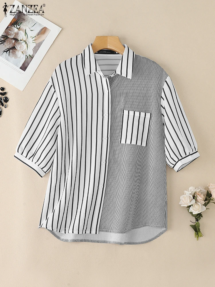 ZANZEA-camisas de retazos a rayas para mujer, moda de verano, manga corta, cuello vuelto, camisa con botones, Tops de colores contrastantes