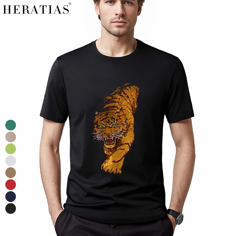 Hot high-quality men's summer short-sleeved hot diamond casual T-shirt laser shiny diamond mighty tiger T-shirt