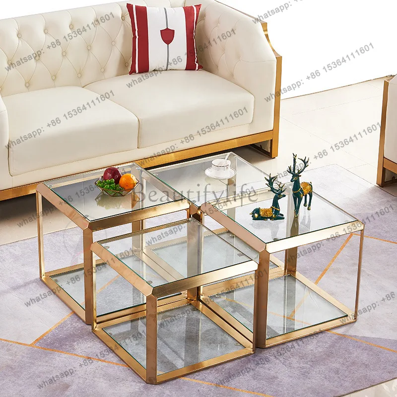 Tempered Glass Coffee Table Stainless Steel Square High and Low Combination Can Be Split Coffee Table Living  Advanced Sense