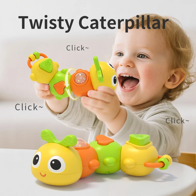 Montessori Twisty Caterpillar Sensory Toy, Click Twist Joint with BB Squeaker Beads, Infant Fine Motor Early Learning Grasp Gift