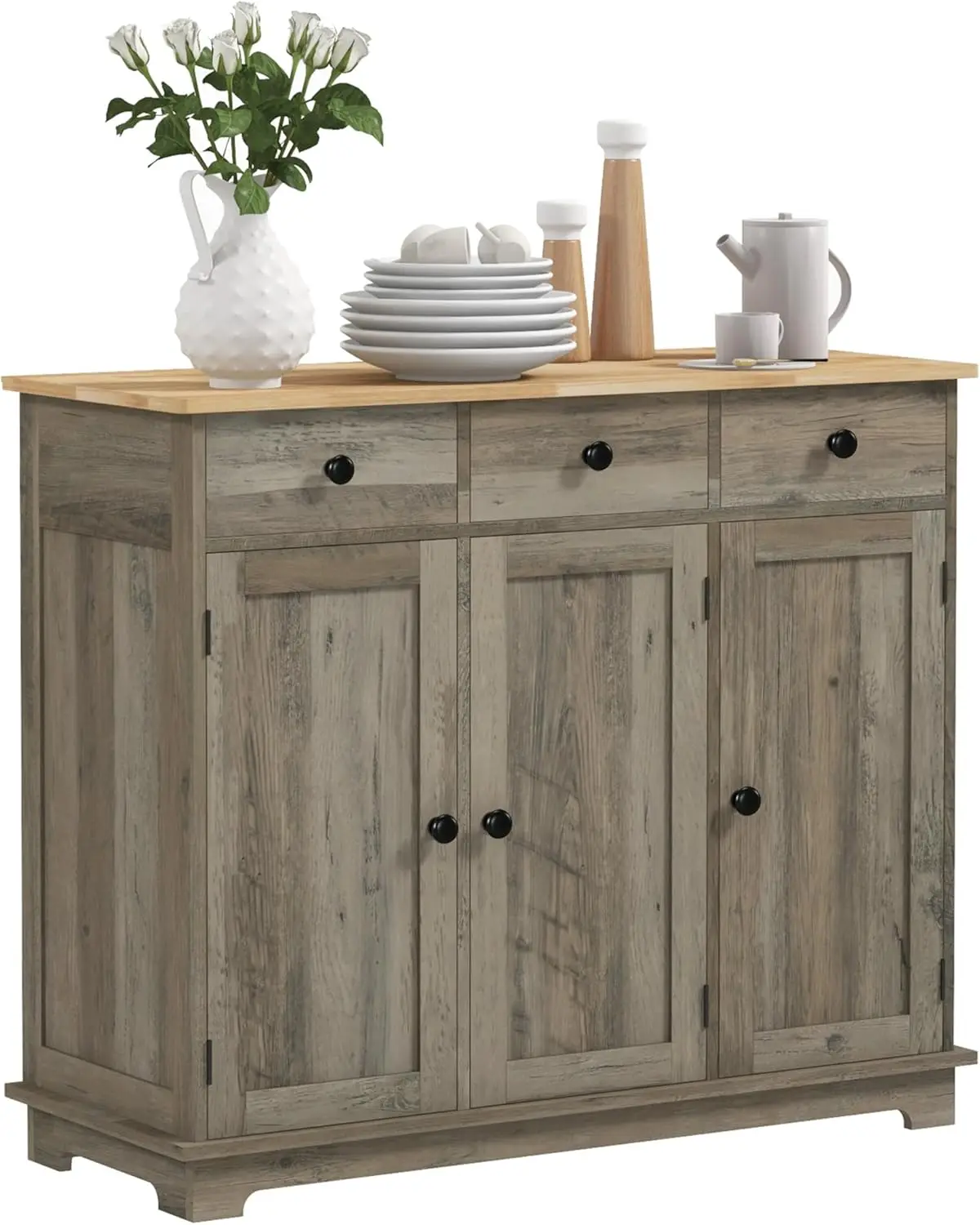

Sideboard with Solid Wood , Modern Kitchen Storage Cabinet, Coffee Bar Cabinet with 3 Drawers, Distressed Gray