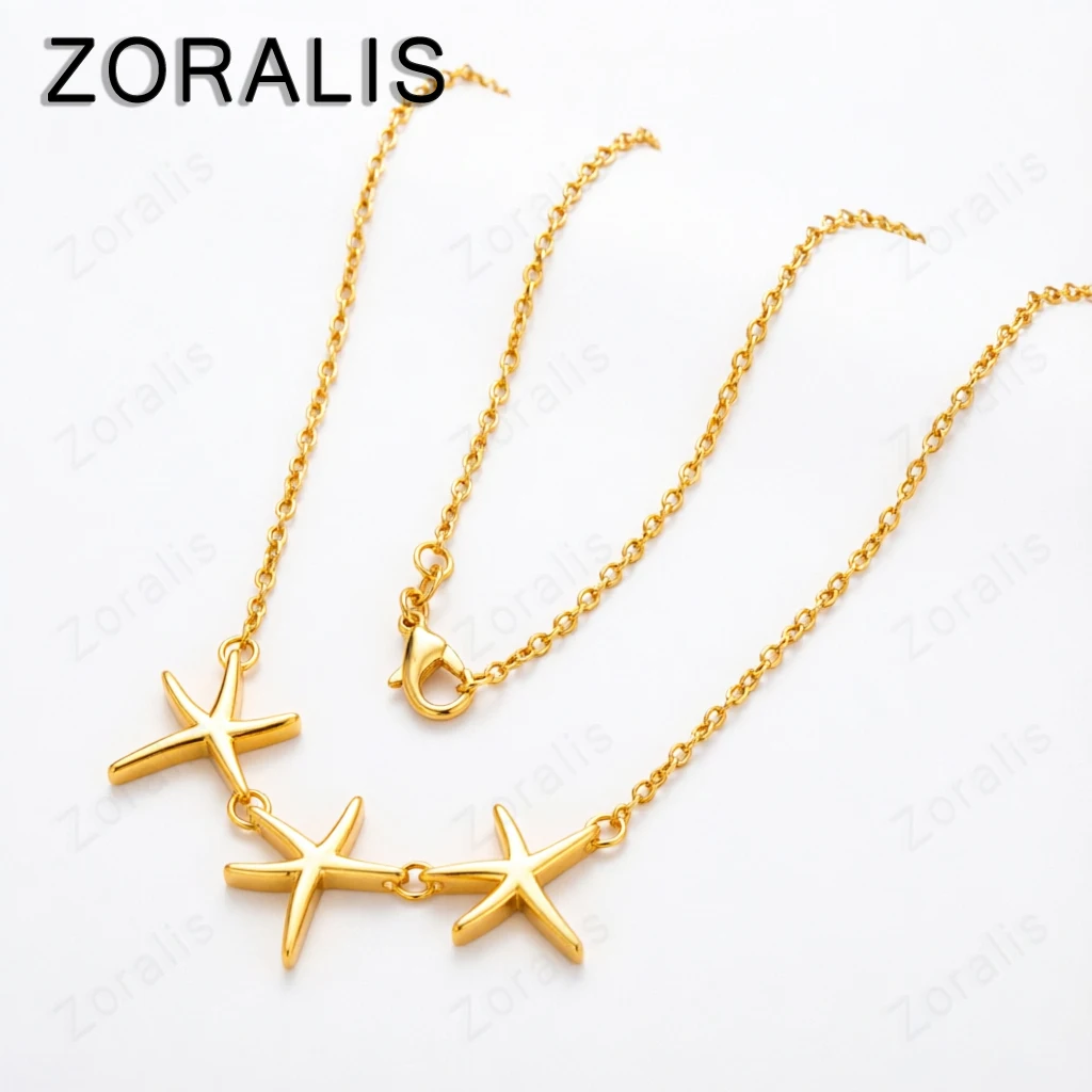 18K Gold Cute 18 Inch Chain Three Starfish/Stars Necklaces For Woman Party Birthday Engagement Wedding Charm Jewelry