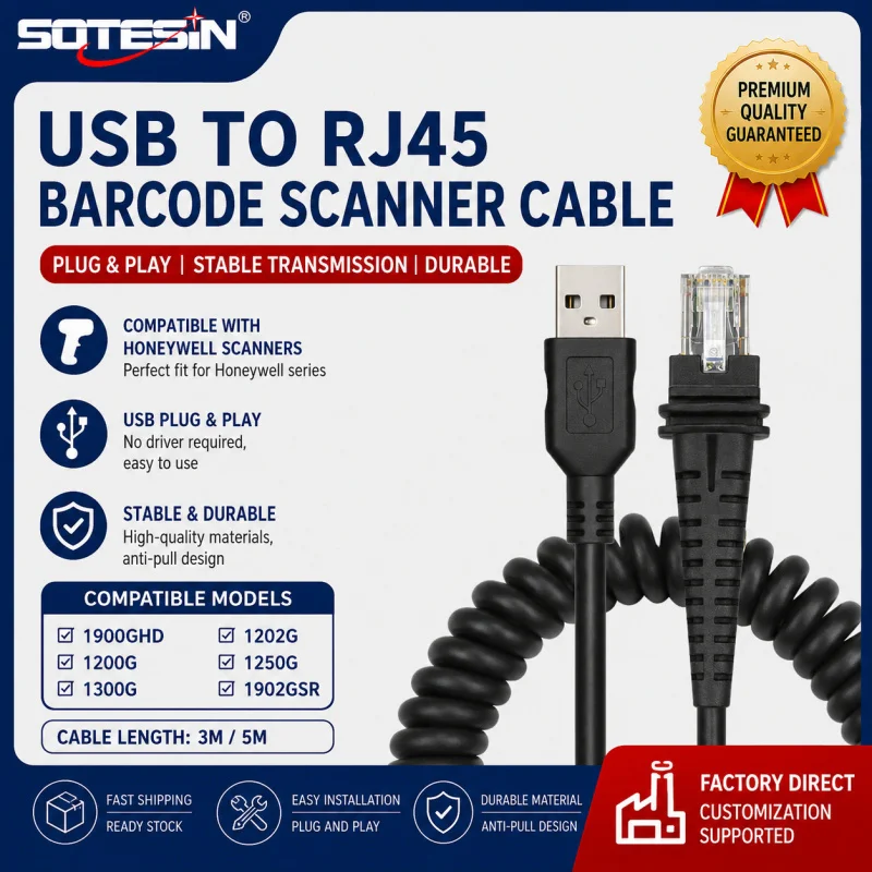 Sotesin USB to Rj45/Rj50 Data Coiled Cable Compatible Honeywell Barcode Scanner Reader 1900GDH 1200g