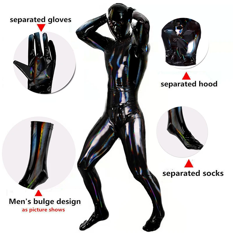 Mens Sexy PVC Leather Catsuit Latex Full Zentai Tight Catsuit Jumpsuit Zipper Open Crotch Wet Look Bodysuit Pole Dance Clubwear