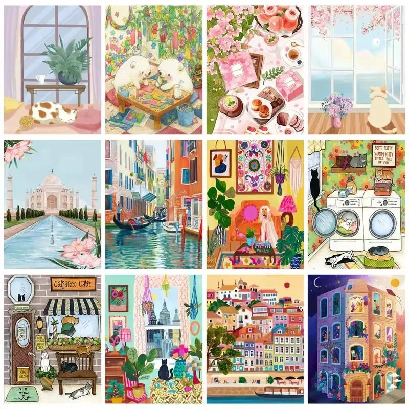 DIY Diamond Painting Cute Cat Bear Cozy Indoor Scene Town Landscape Venice Street Sakura Window View Hand Craft Home Decor Gift