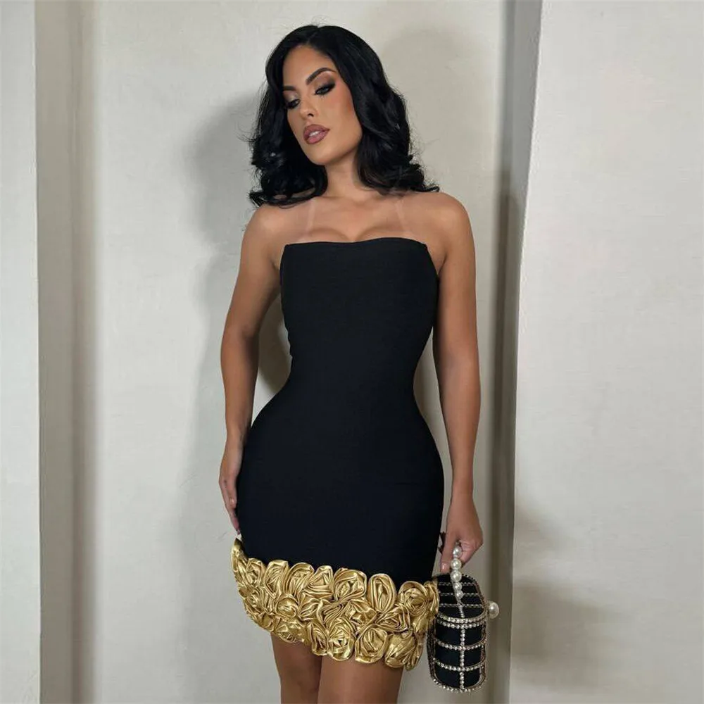 Women Elegant Bandage Dress New Arrival Fashion Gold Flowers Sexy Bodycon Clothes Club Party Strapless Dresses