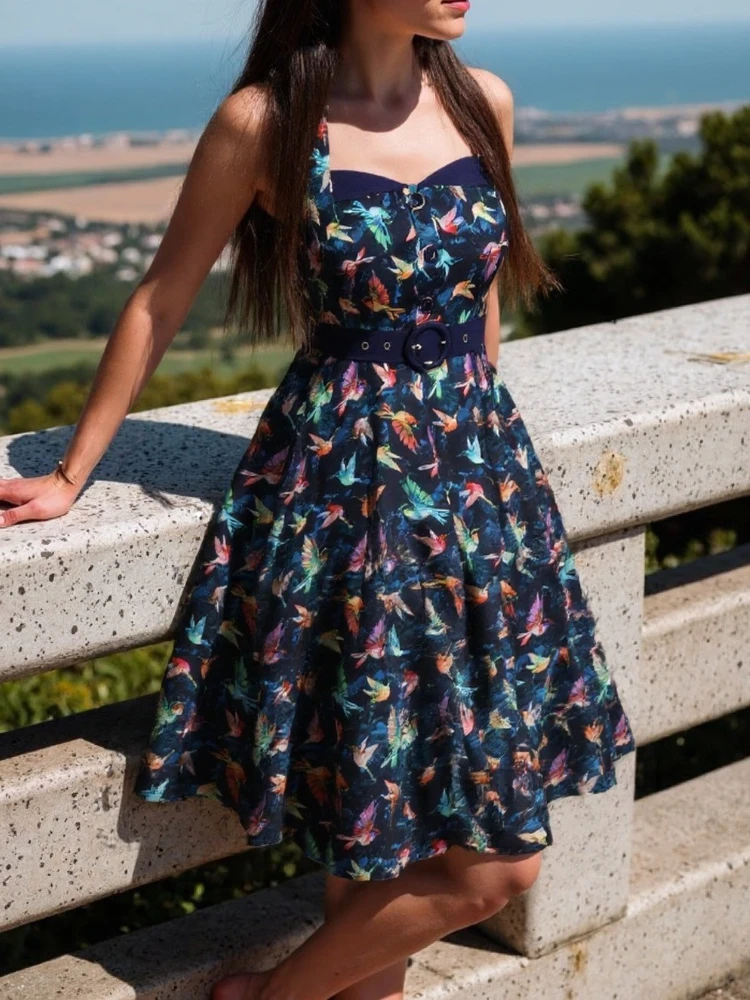 

Новинка 2025, Хепберн, винтажное платье 50-х годов с принтом «крылышка птицы», с открытой спиной и лямкой на шее, вечернее платье для выпускного вечера, женские летние мини-платья трапециевидной формы с пуговицами спереди