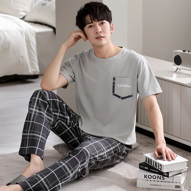 Newest Men Pajamas Set Loose Men Pyjamas 100% Cotton Short Sleeve Sleepwear Male Leisure Home Clothing