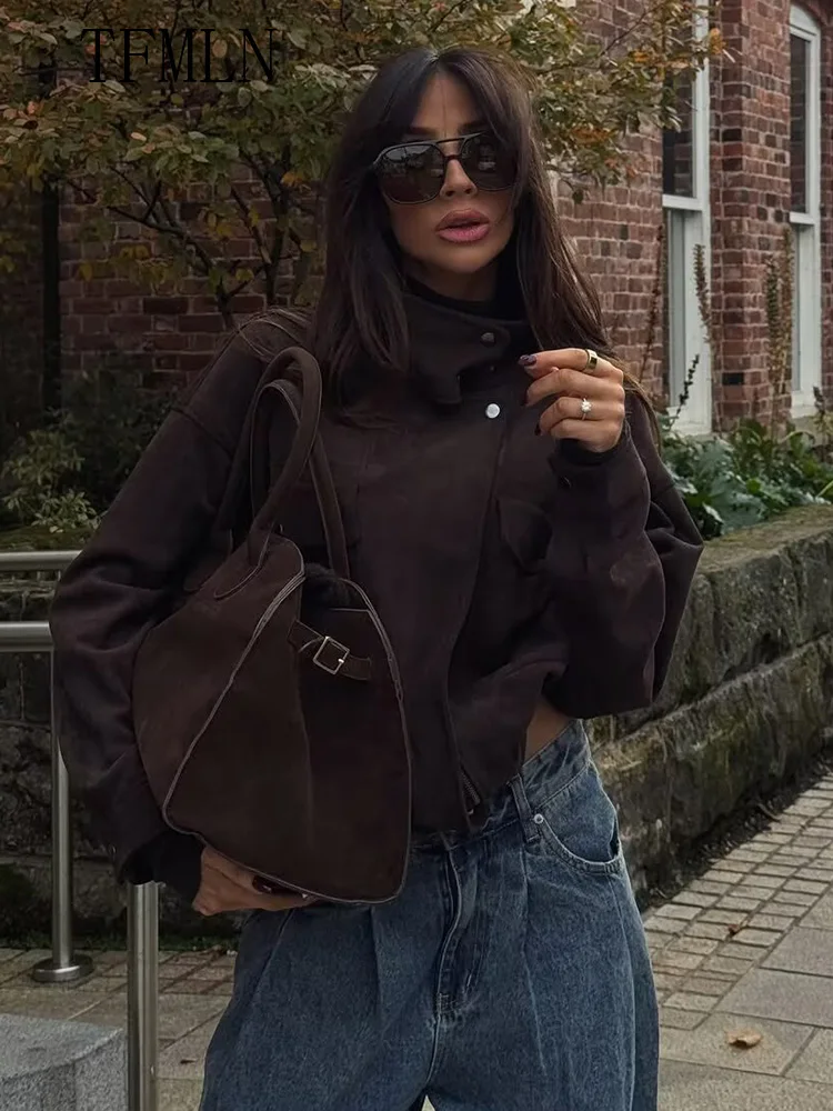 

2025 Autumn Women Causal Jackets Fashion Chic Zipper Long Sleeve Street Style Coats Vintage Stand Collar Pockets Ladies Outwear