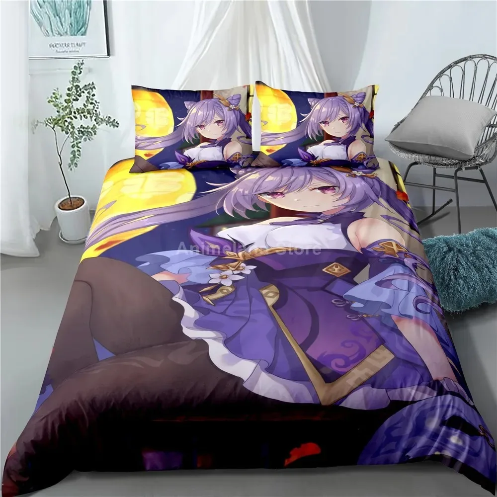 

Keqing Bedding Set Genshin Impact Game 3d Print Bed Linen Quilt Soft Duvet Cover Sets Home Room Decor Queen King Size Purple