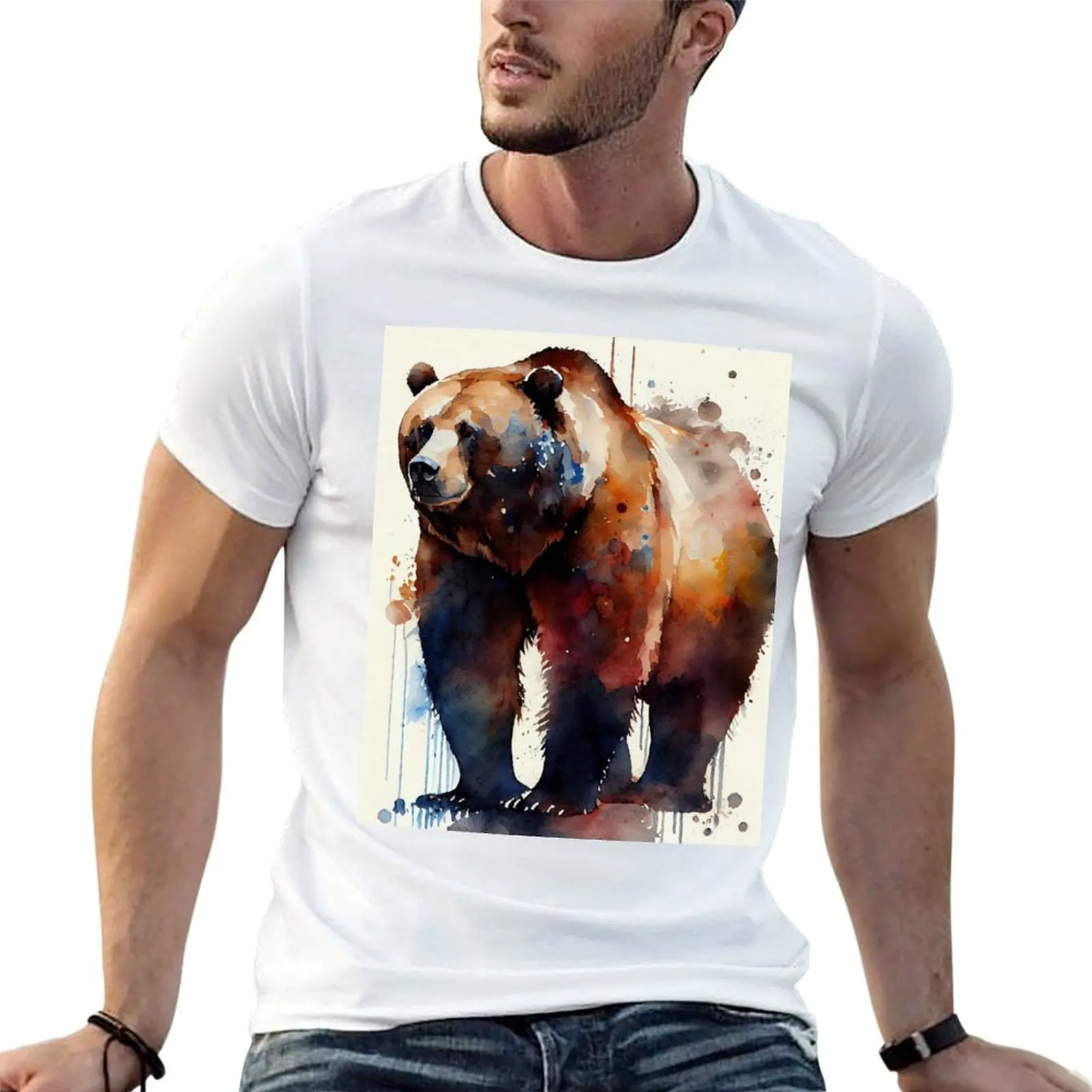 American Grizzly bear - Watercolor paint T-Shirt Work Wear Lightweight Tee