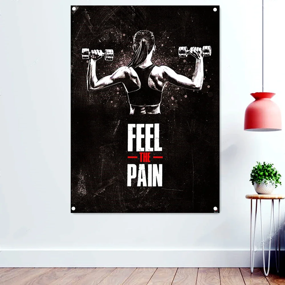 

"FEEL THE PAIN" Fitness Workout Motivational Poster Wallpaper Hanging Paintings Yoga Bodybuilding Flag Banner Tapestry Gym Decor