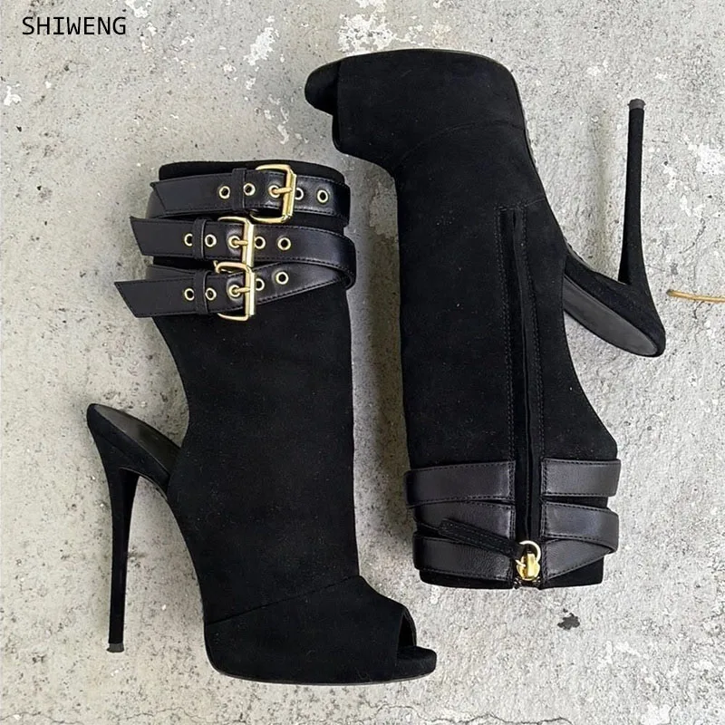 

2026 Women Black Suede Open Toe Stiletto Heel Ankle Booties Gold Buckle Strap High Heels with Back Zipper for Party Club Heels