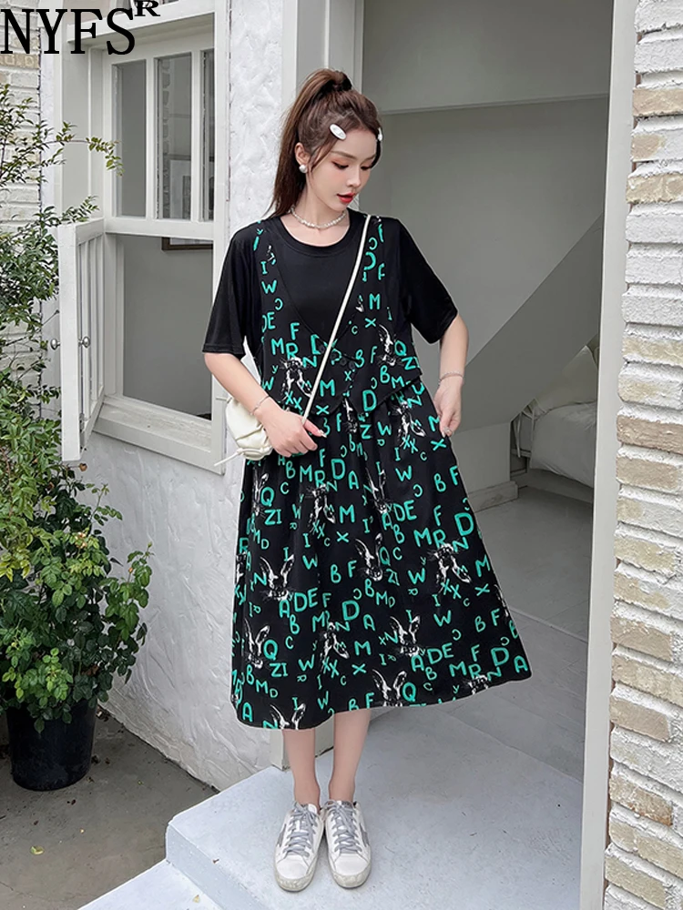 

NYFS 2024 Summer New Korea Woman Dress Vestidos Robe Elbise Loose Plus Size Fat MM Letter Print Short Sleeve Long Dresses